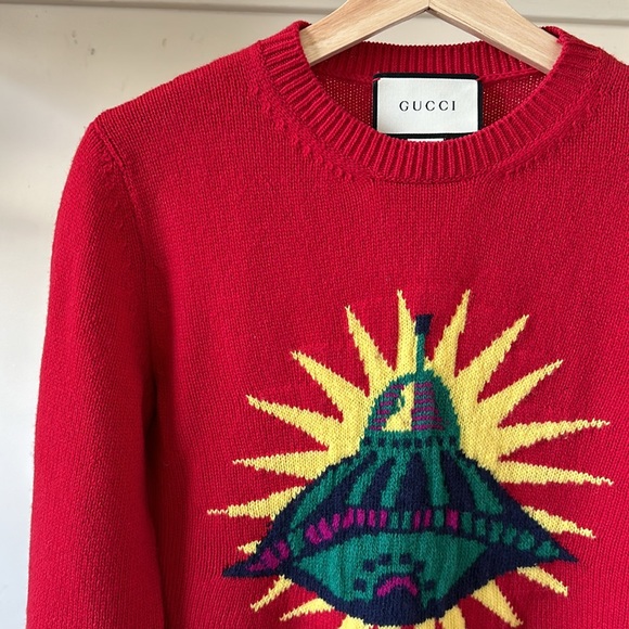New Gucci 100% wool UFO alien spaceship intarsia knit cropped sweater jumper - Picture 8 of 16